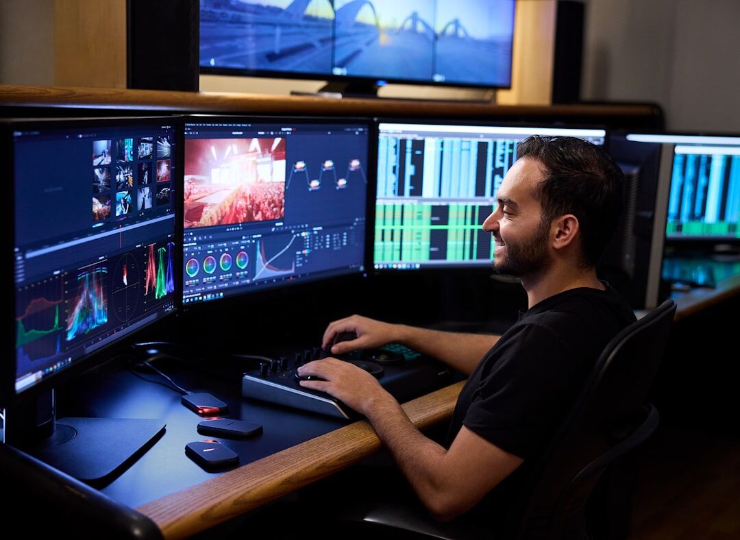 Software developer coding on multiple monitors