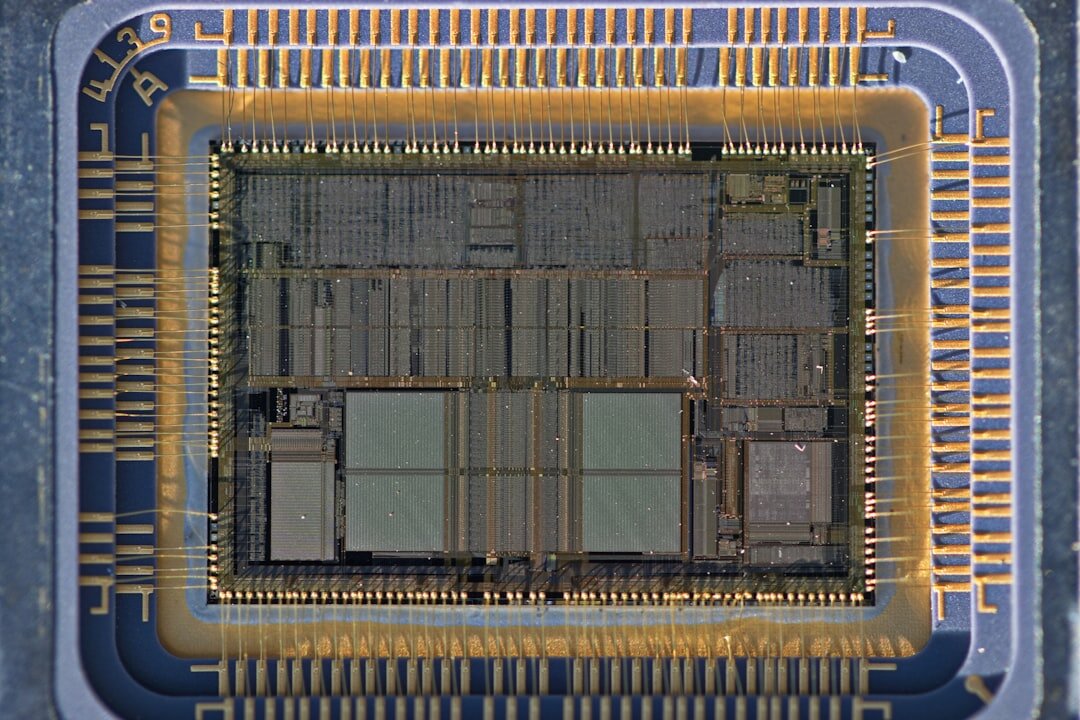 Quantum computing processor close-up with complex circuit patterns